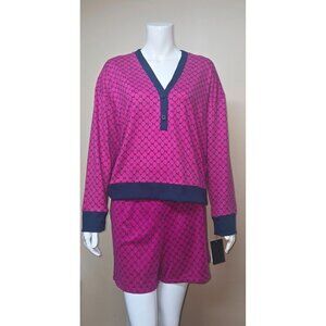 DKNY Logo Sleep Loungewear SET Sweater Knit Long Sleeve /Shorts Pink /Blue Large
